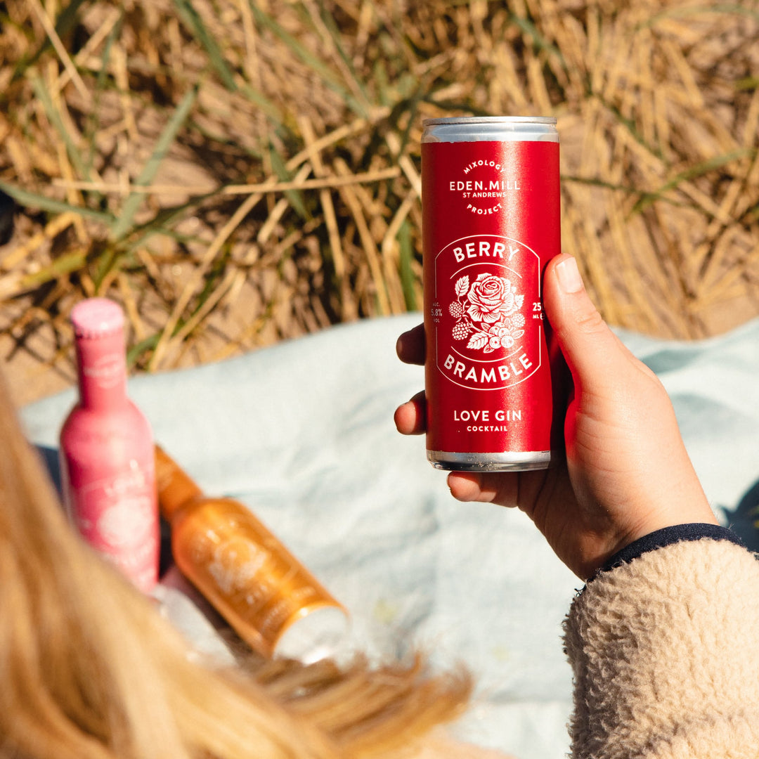 hand holding a can of berry bramble canned cocktail